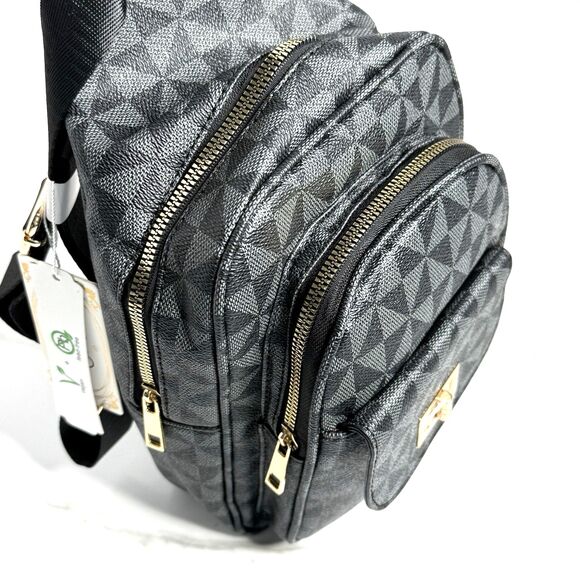 Vegan Sling Backpack Crossbody Geometric Pattern Lead-Free Shoulder Bag in Black - Picture 5 of 9
